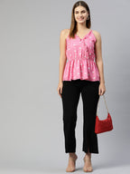 Jainish Women's Printed crop top with frills - Pink | Grocsy