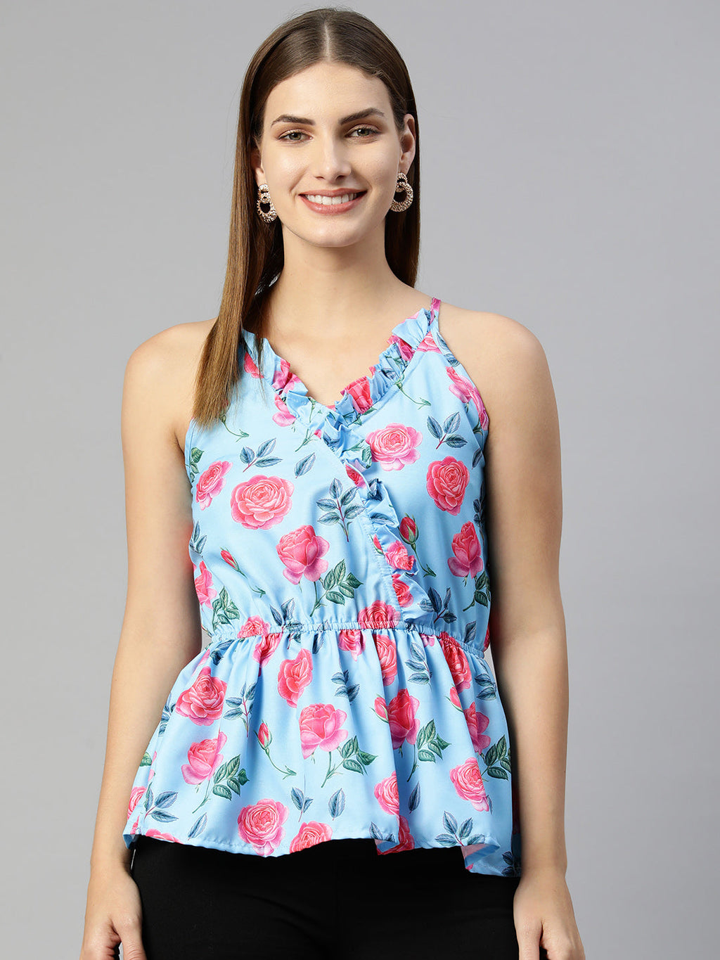 Jainish Women's Printed crop top with frills - Sky Blue | Grocsy