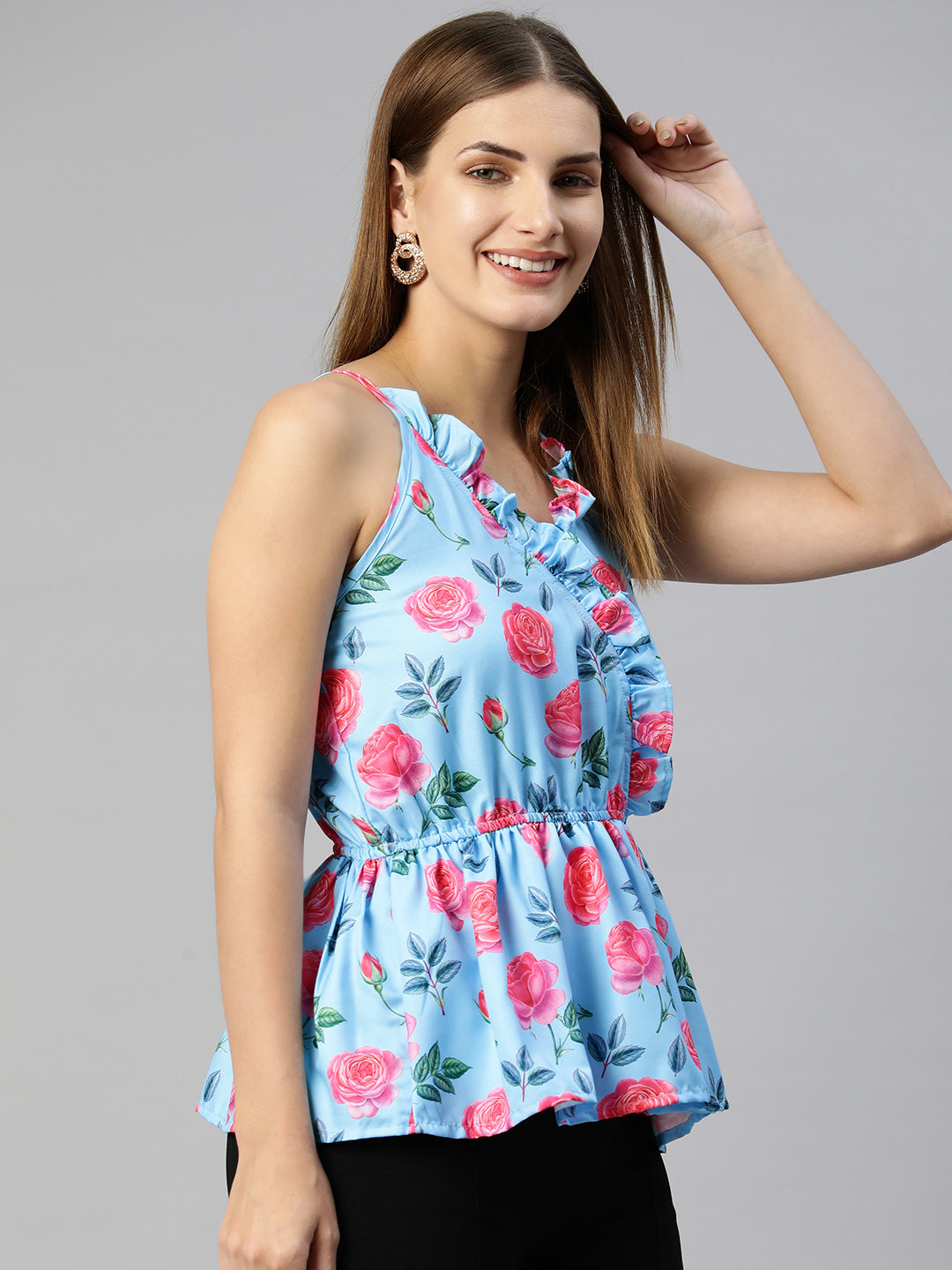 Jainish Women's Printed crop top with frills - Sky Blue | Grocsy