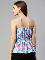 Jainish Women's Printed crop top with frills - Sky Blue | Grocsy