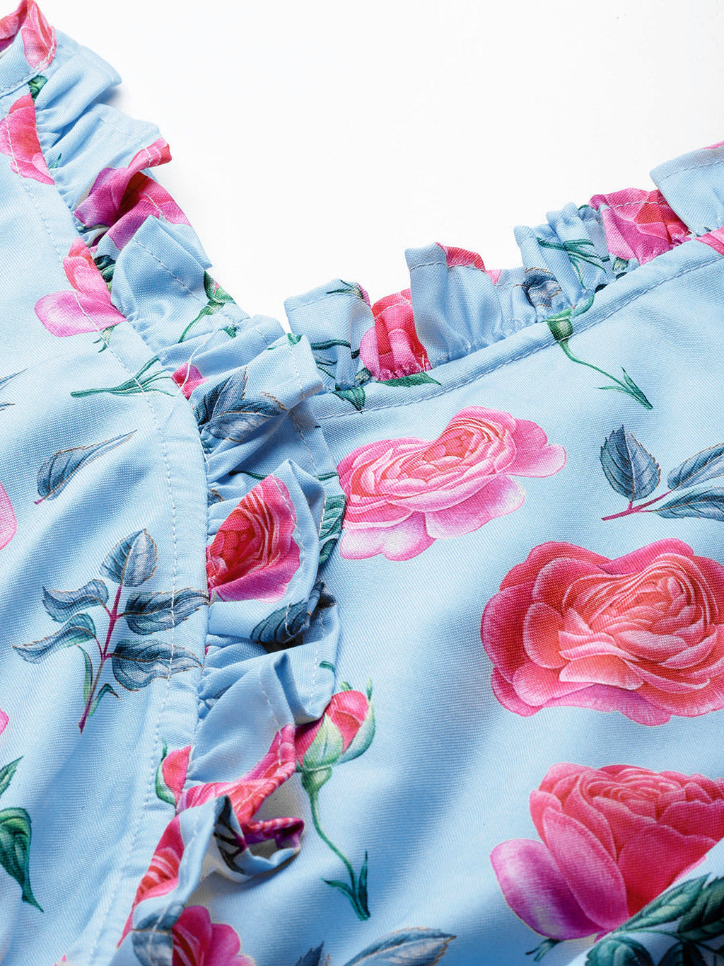 Jainish Women's Printed crop top with frills - Sky Blue | Grocsy