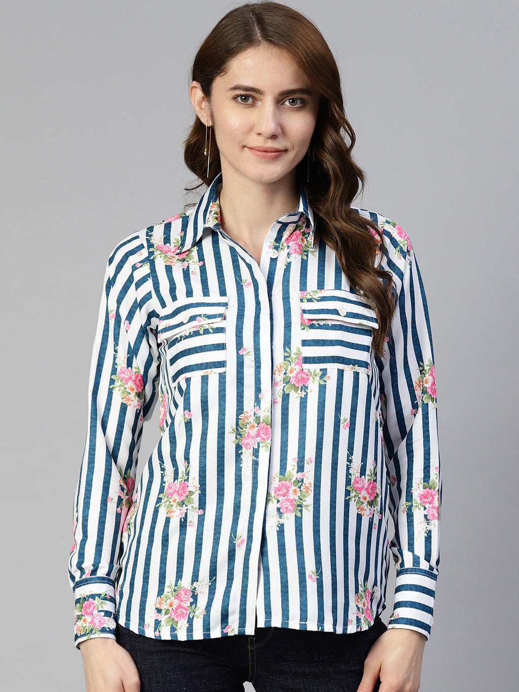 Jainish Women's Striped Double Pocket Shirt Style Top - Blue | Grocsy