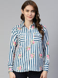 Jainish Women's Striped Double Pocket Shirt Style Top - Blue | Grocsy