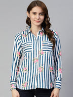 Jainish Women's Striped Double Pocket Shirt Style Top - Blue | Grocsy