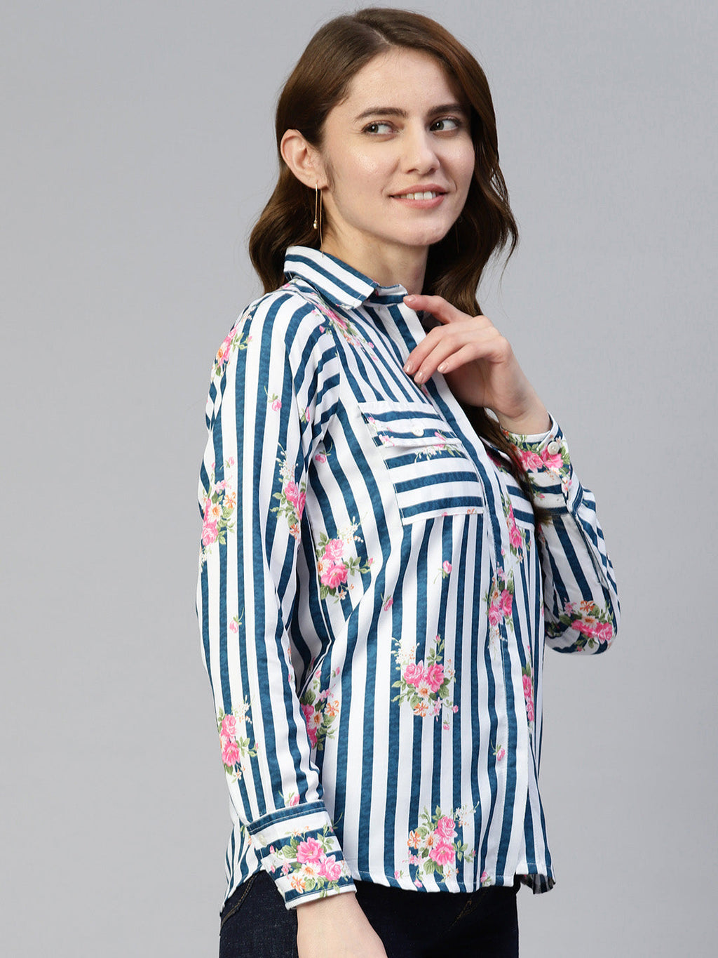 Jainish Women's Striped Double Pocket Shirt Style Top - Blue | Grocsy