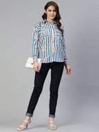 Jainish Women's Striped Double Pocket Shirt Style Top - Blue | Grocsy