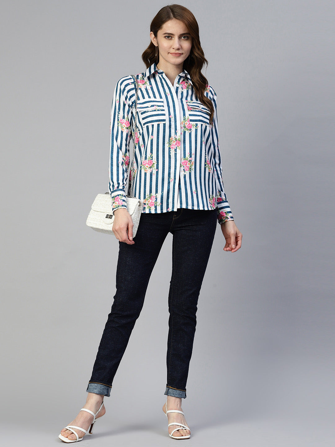 Jainish Women's Striped Double Pocket Shirt Style Top - Blue | Grocsy