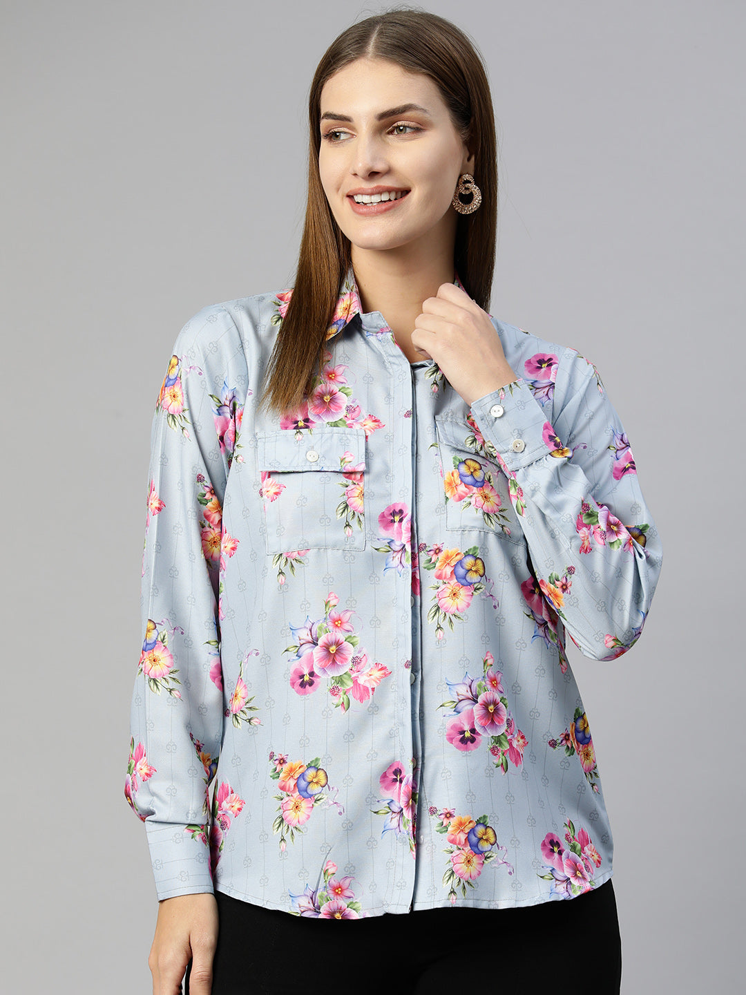 Jainish Women's Floral Double Pocket Shirt Style Top - Grey | Grocsy