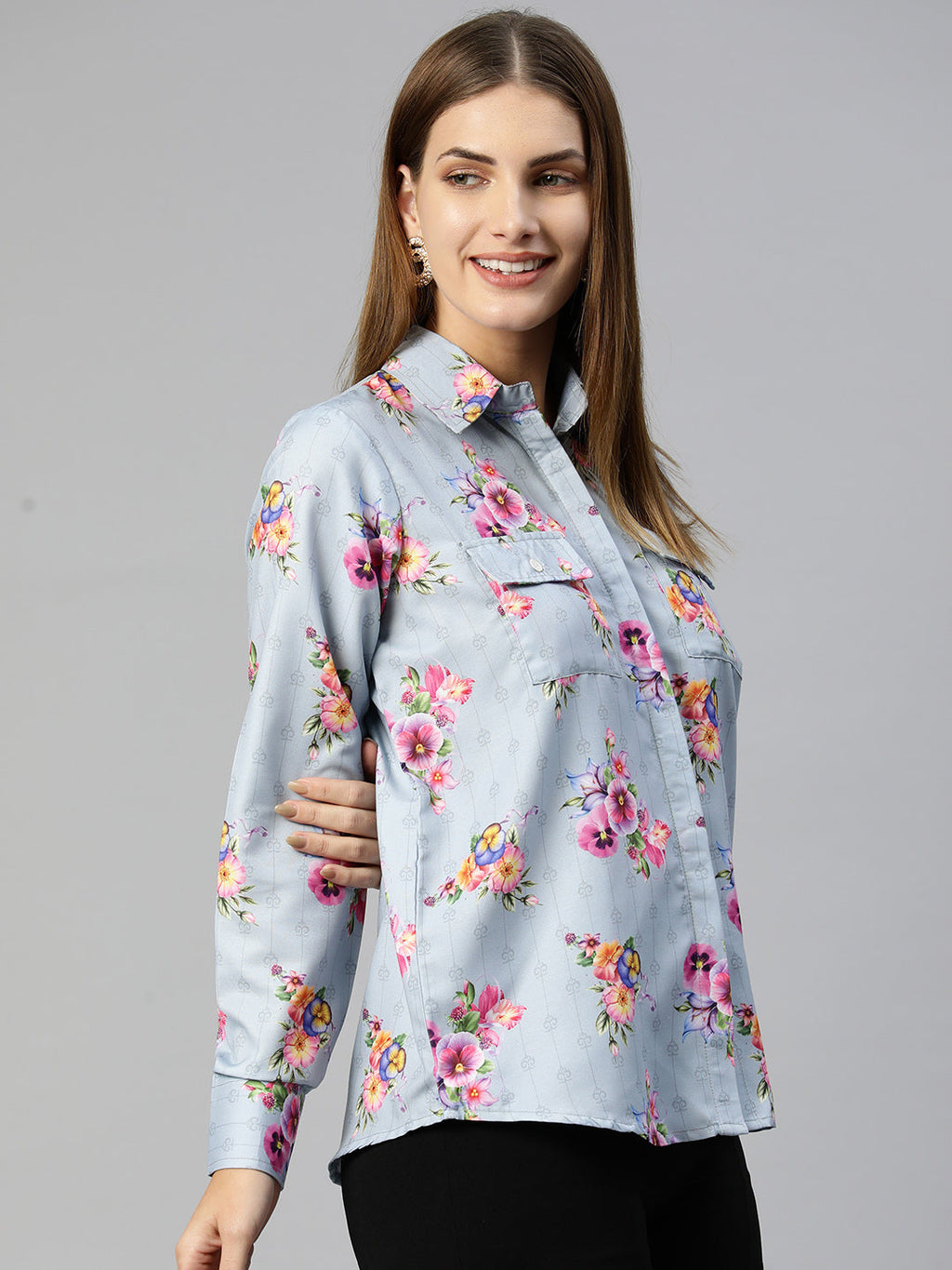 Jainish Women's Floral Double Pocket Shirt Style Top - Grey | Grocsy