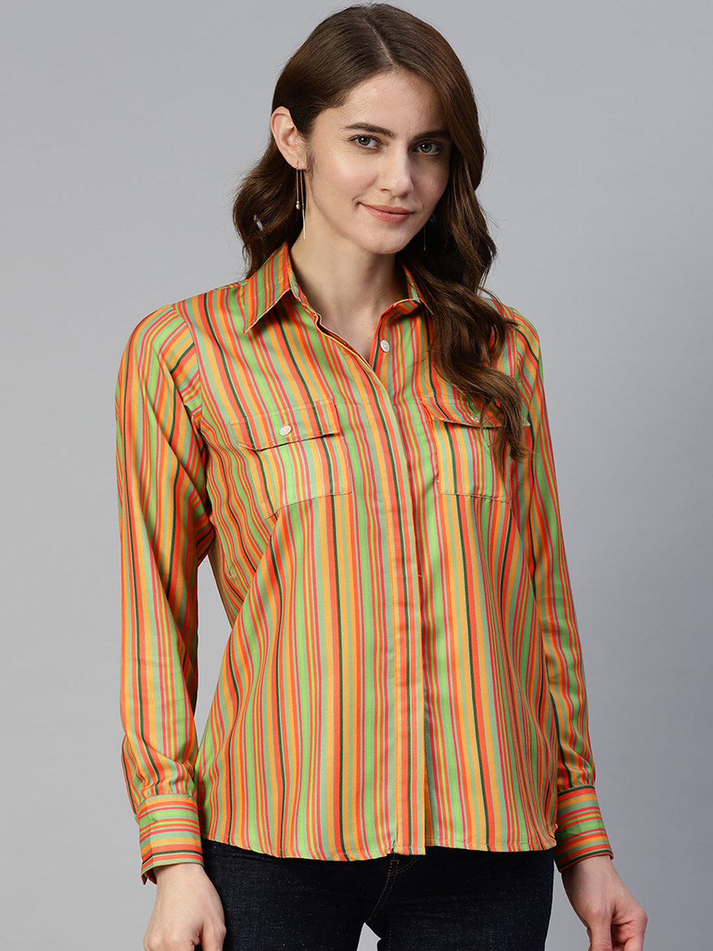 Jainish Women's Striped Double Pocket Shirt Style Top - Lime | Grocsy