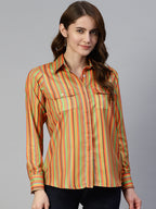 Jainish Women's Striped Double Pocket Shirt Style Top - Lime | Grocsy
