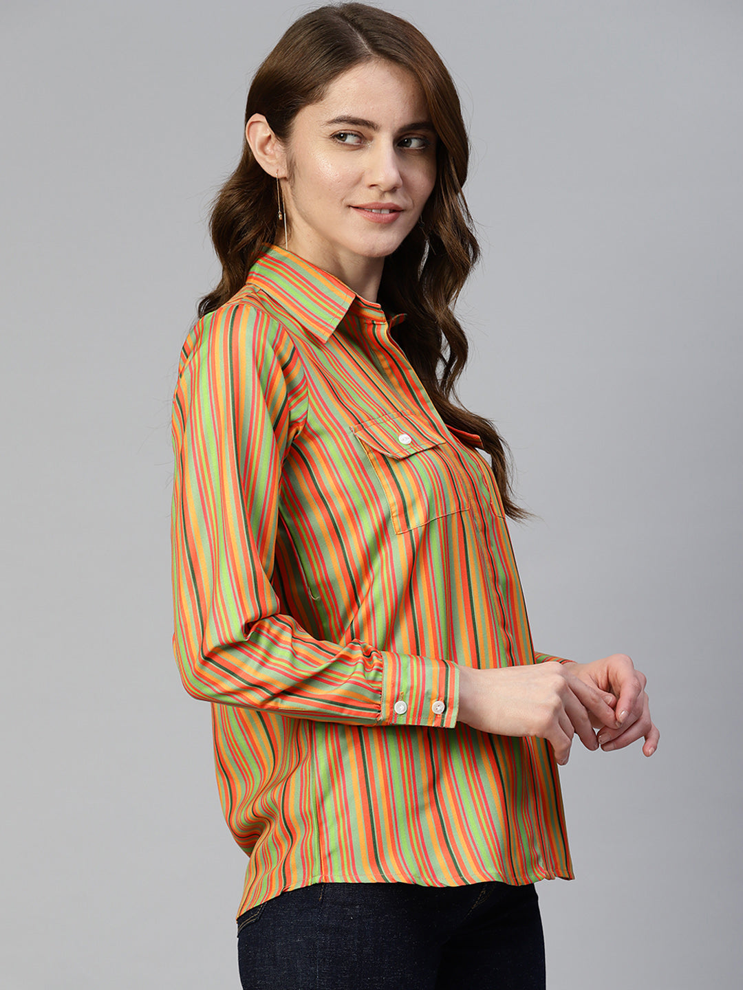 Jainish Women's Striped Double Pocket Shirt Style Top - Lime | Grocsy