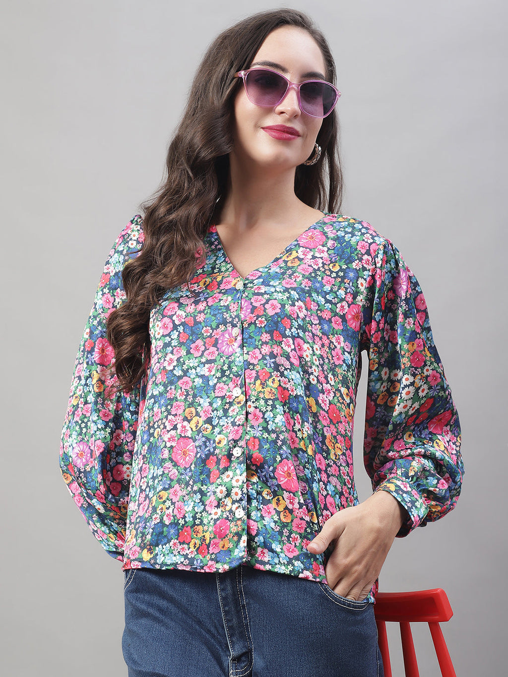 Jainish Women's Blue Printed Shirt Style Top | Grocsy