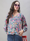 Jainish Women's Blue Printed Shirt Style Top | Grocsy