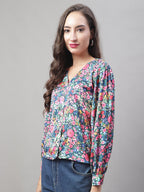 Jainish Women's Blue Printed Shirt Style Top | Grocsy