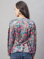 Jainish Women's Blue Printed Shirt Style Top | Grocsy