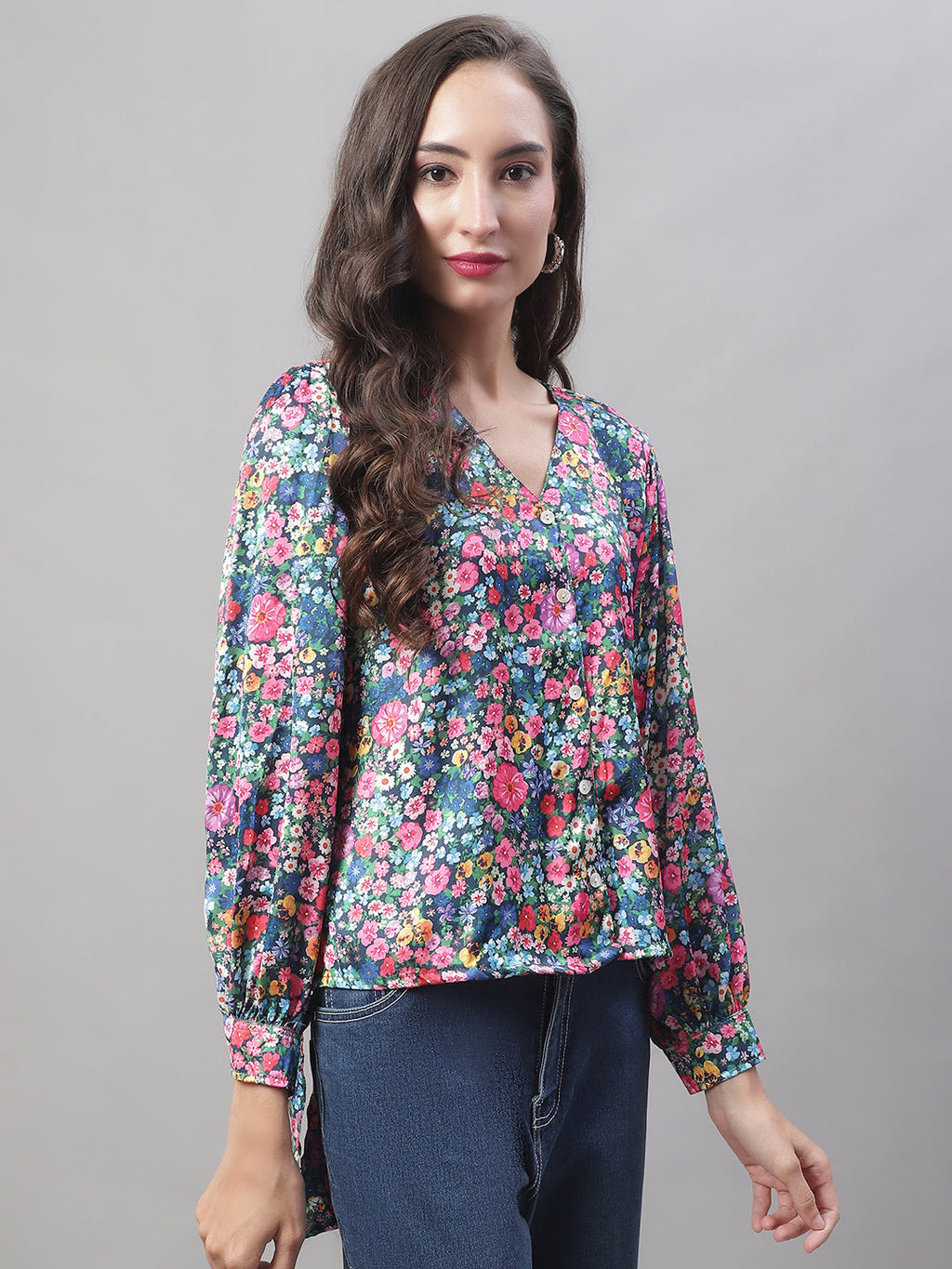 Jainish Women's Blue Printed Shirt Style Top | Grocsy