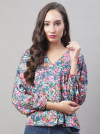 Jainish Women's Blue Printed Shirt Style Top | Grocsy