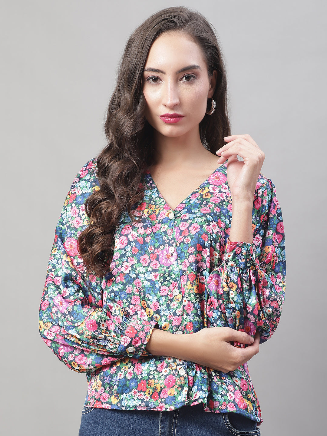Jainish Women's Blue Printed Shirt Style Top | Grocsy