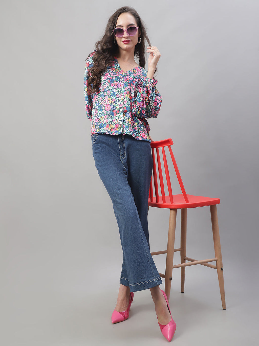 Jainish Women's Blue Printed Shirt Style Top | Grocsy