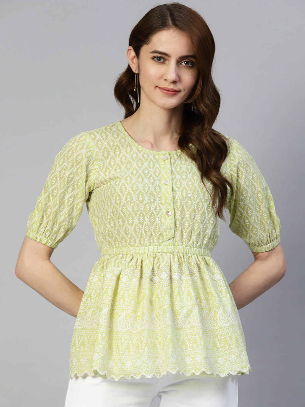 Jainish Women's Chikankari Work Empire Top - Green | Grocsy