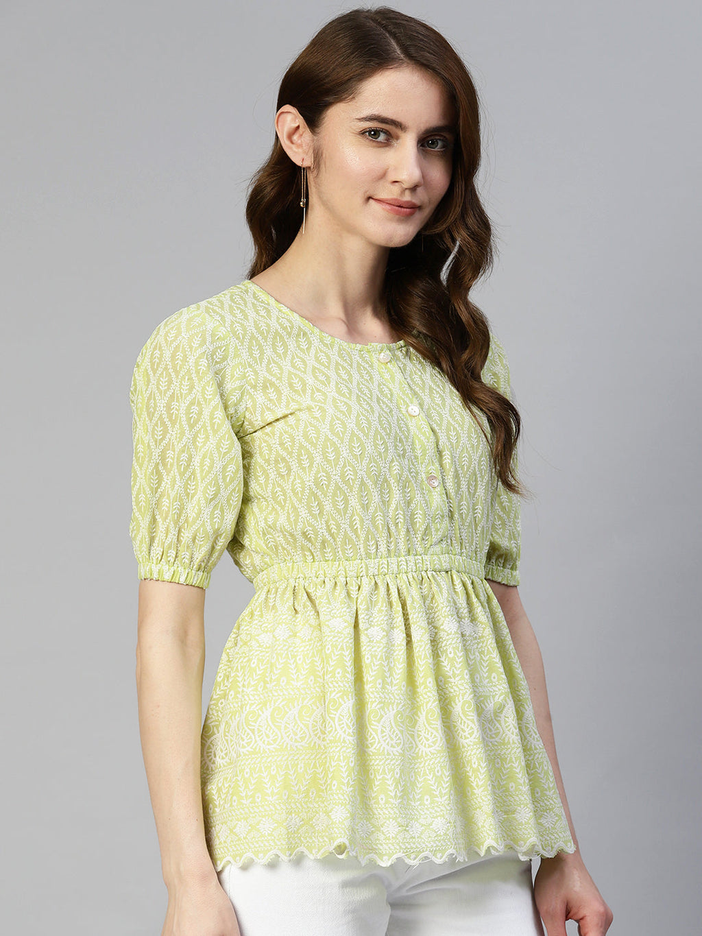 Jainish Women's Chikankari Work Empire Top - Green | Grocsy