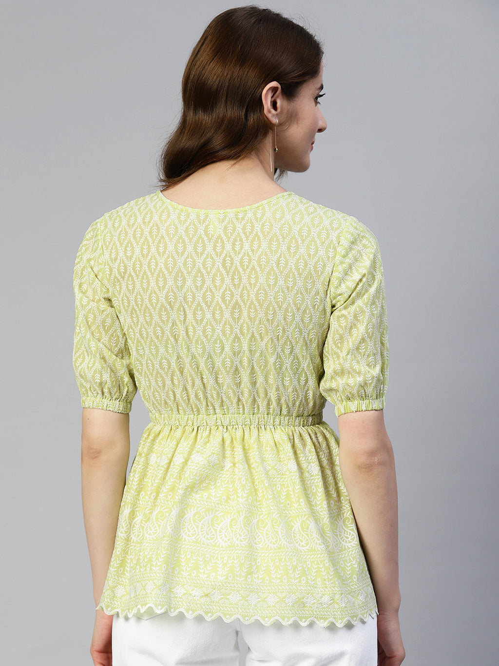 Jainish Women's Chikankari Work Empire Top - Green | Grocsy
