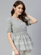Jainish Women's Chikankari Work Empire Top - Grey | Grocsy