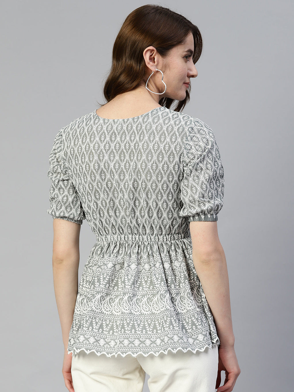 Jainish Women's Chikankari Work Empire Top - Grey | Grocsy