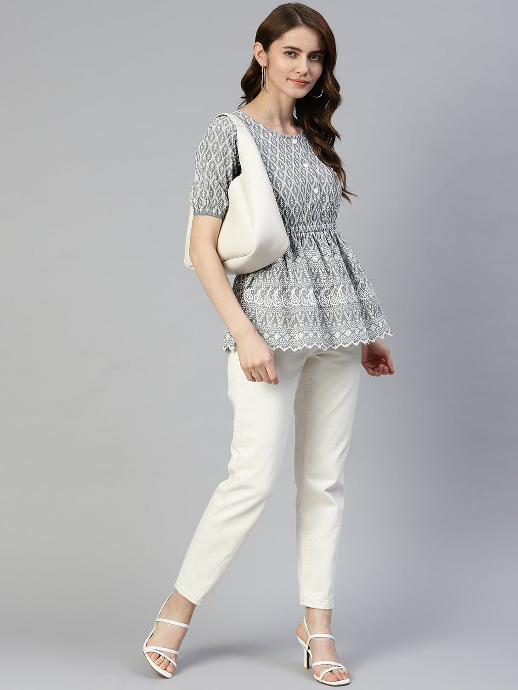 Jainish Women's Chikankari Work Empire Top - Grey | Grocsy