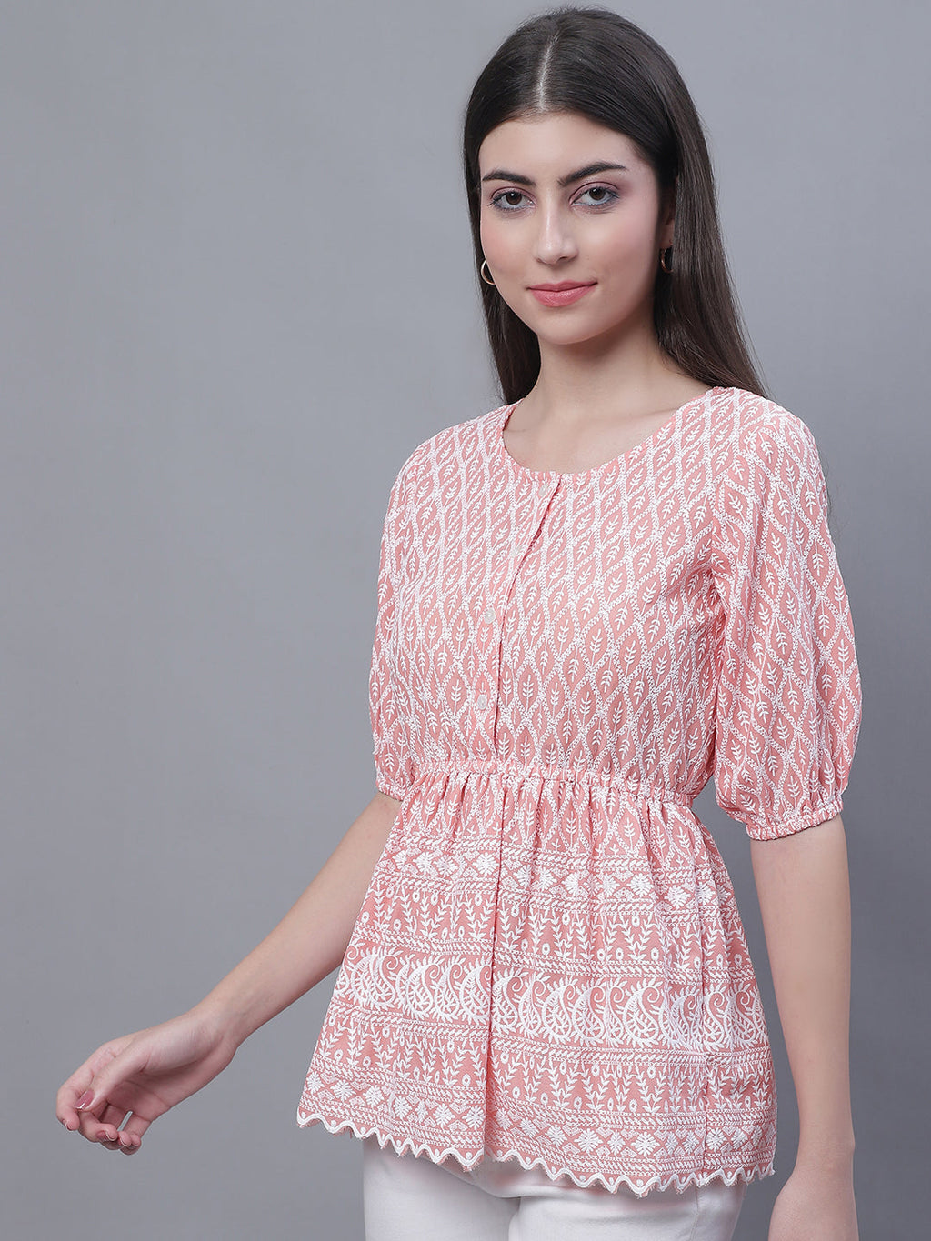 Jainish Women's WoChikankari Work Empire Top - Orange | Grocsy