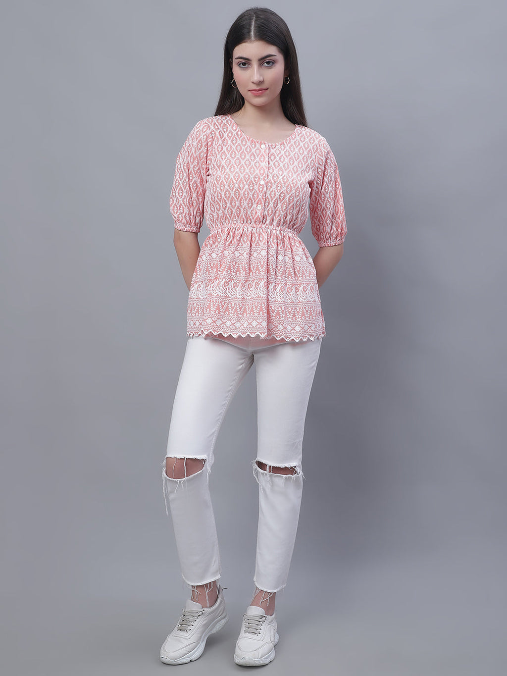 Jainish Women's WoChikankari Work Empire Top - Orange | Grocsy