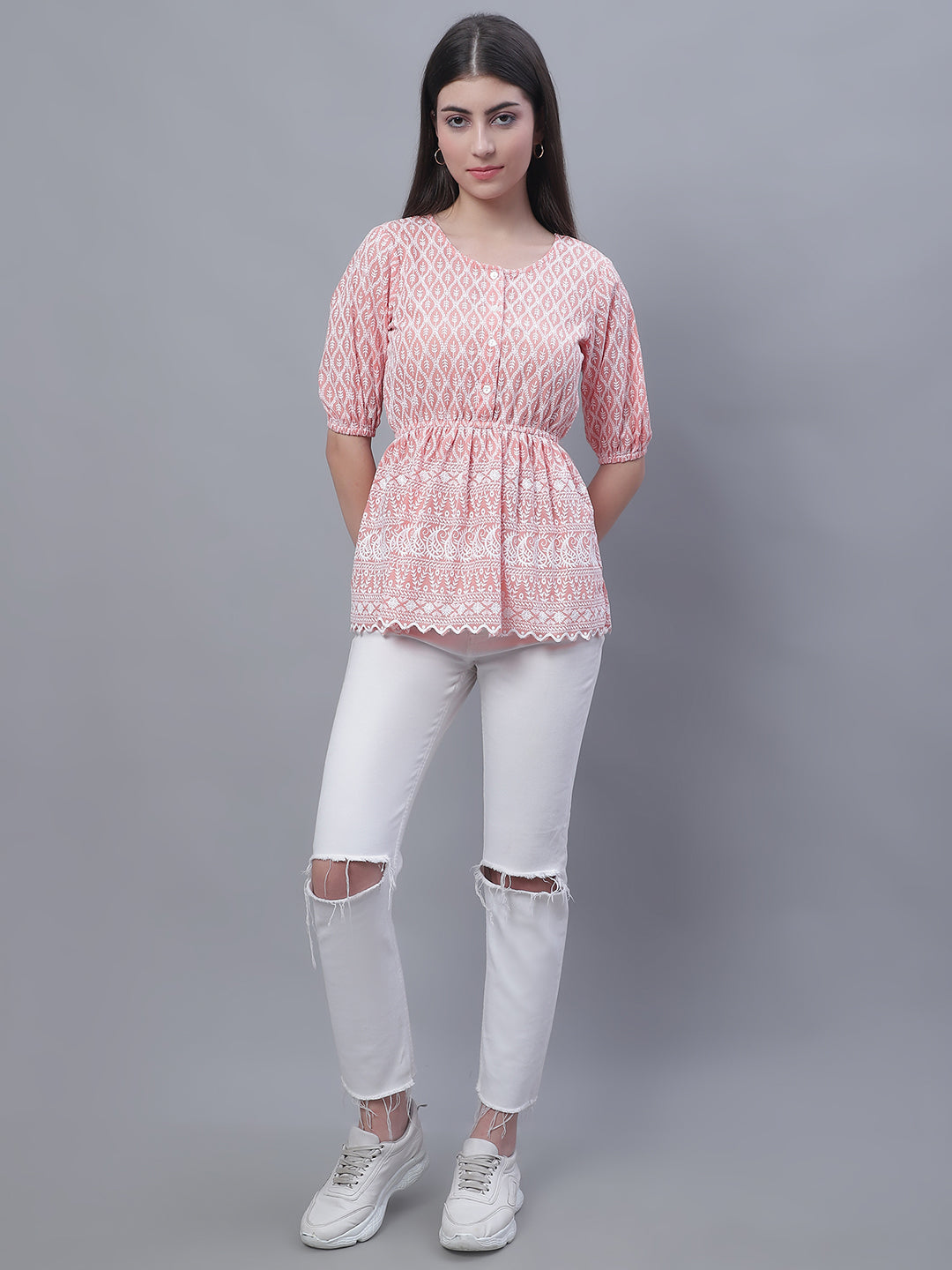 Jainish Women's WoChikankari Work Empire Top - Orange | Grocsy