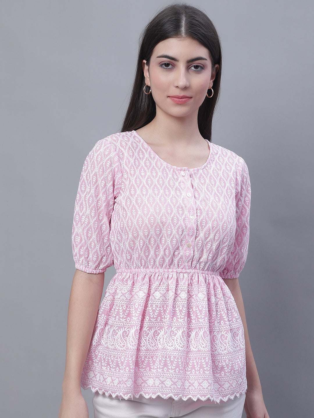 Jainish Women's WoChikankari Work Empire Top - Pink | Grocsy