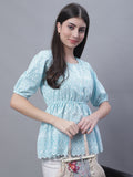 Jainish Women's WoChikankari Work Empire Top - Sky Blue | Grocsy