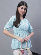 Jainish Women's WoChikankari Work Empire Top - Sky Blue | Grocsy