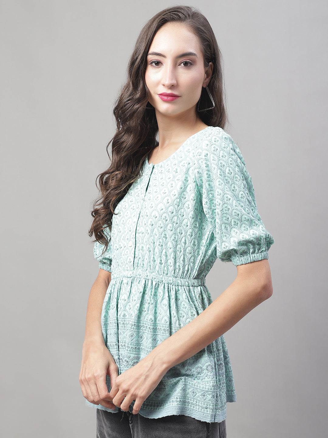 Jainish Women's WoChikankari Work Empire Top - Sky Blue | Grocsy
