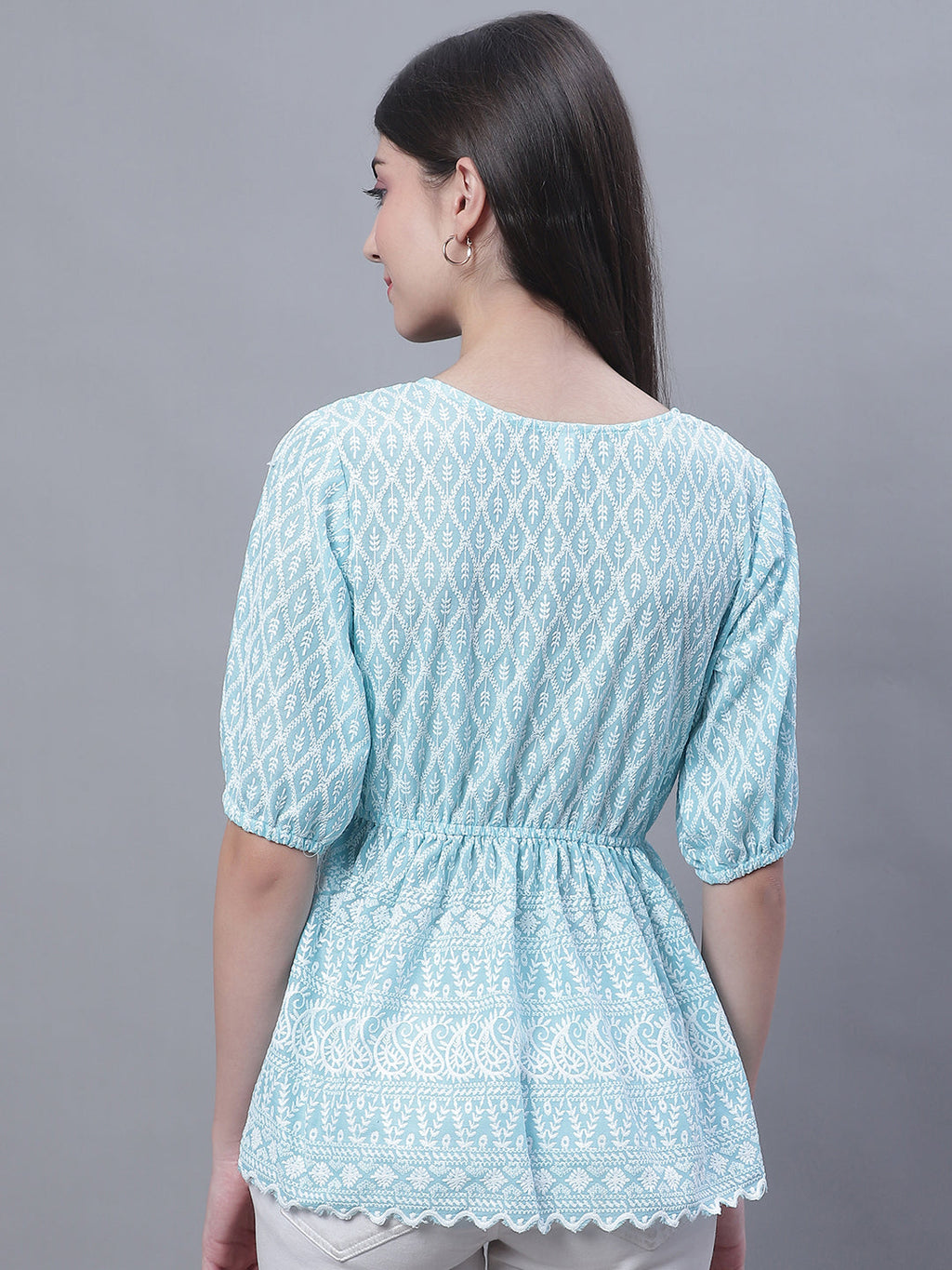 Jainish Women's WoChikankari Work Empire Top - Sky Blue | Grocsy