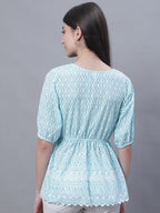 Jainish Women's WoChikankari Work Empire Top - Sky Blue | Grocsy