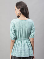 Jainish Women's WoChikankari Work Empire Top - Sky Blue | Grocsy