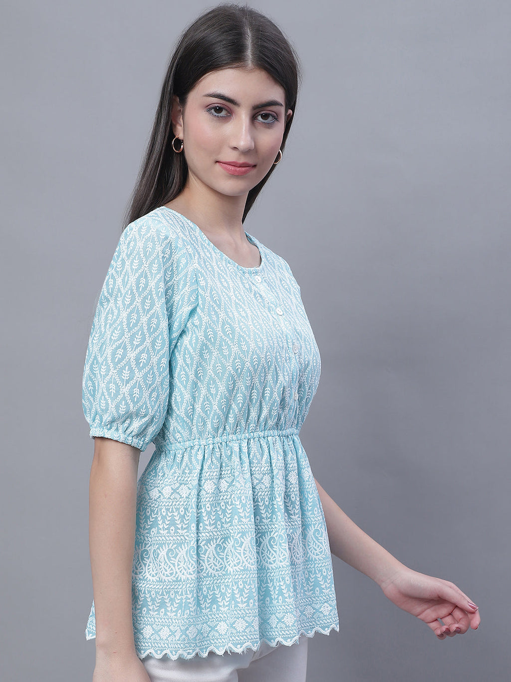Jainish Women's WoChikankari Work Empire Top - Sky Blue | Grocsy
