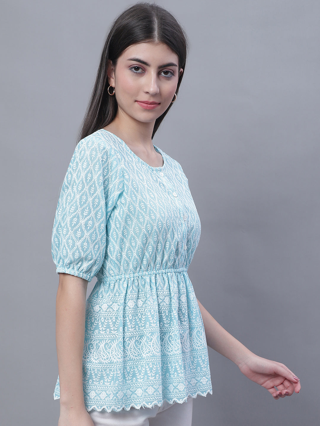 Jainish Women's WoChikankari Work Empire Top - Sky Blue | Grocsy