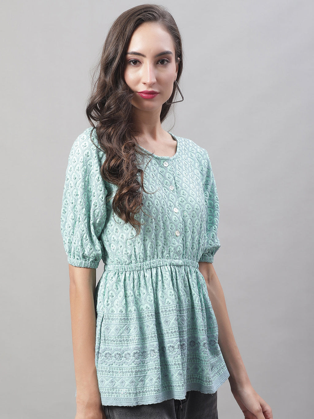 Jainish Women's WoChikankari Work Empire Top - Sky Blue | Grocsy