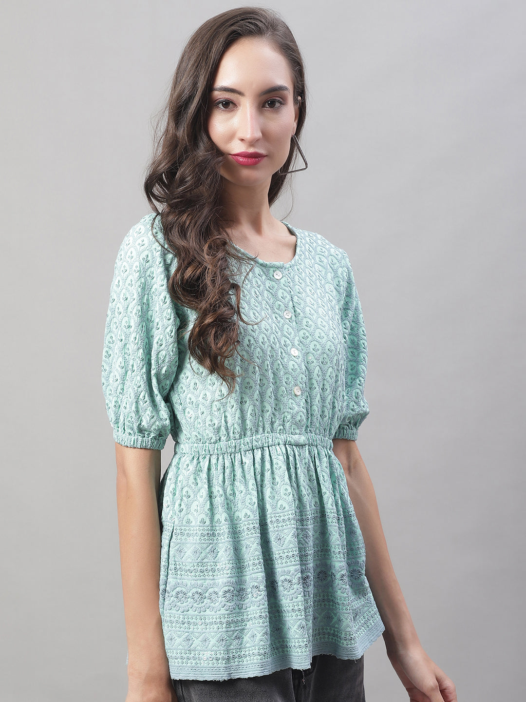 Jainish Women's WoChikankari Work Empire Top - Sky Blue | Grocsy