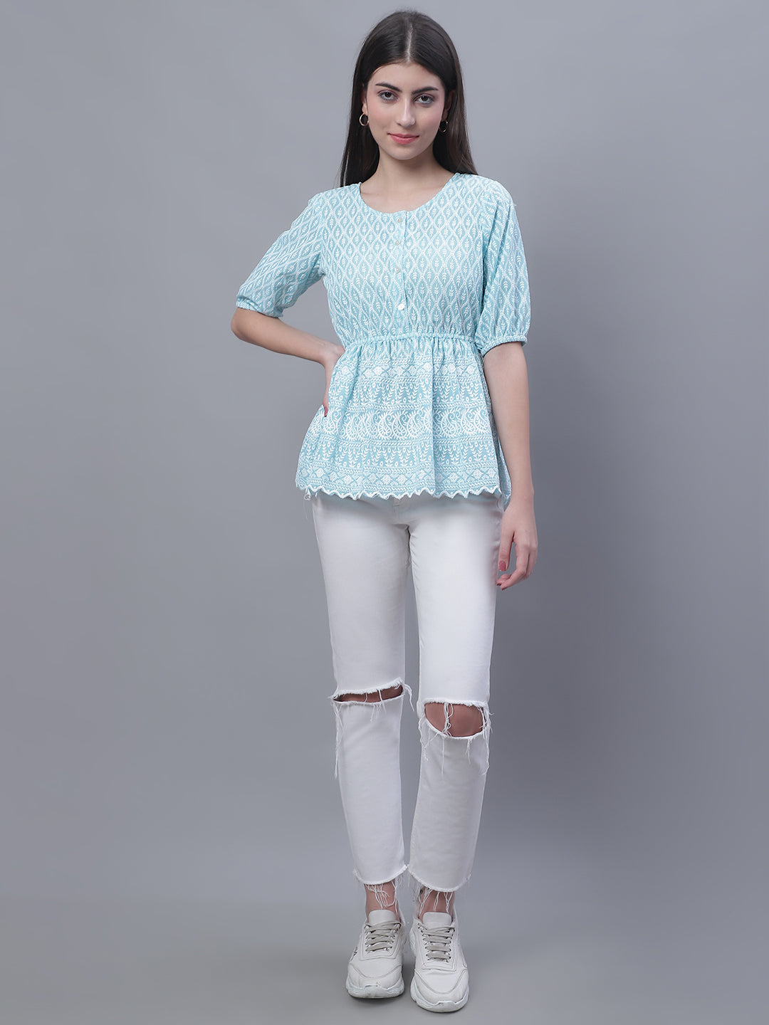Jainish Women's WoChikankari Work Empire Top - Sky Blue | Grocsy