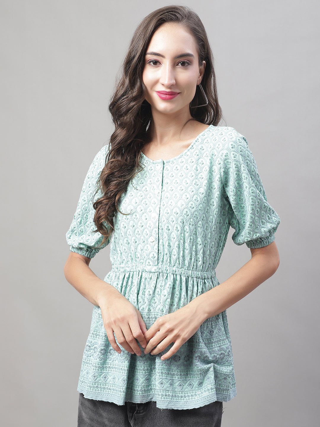 Jainish Women's WoChikankari Work Empire Top - Sky Blue | Grocsy
