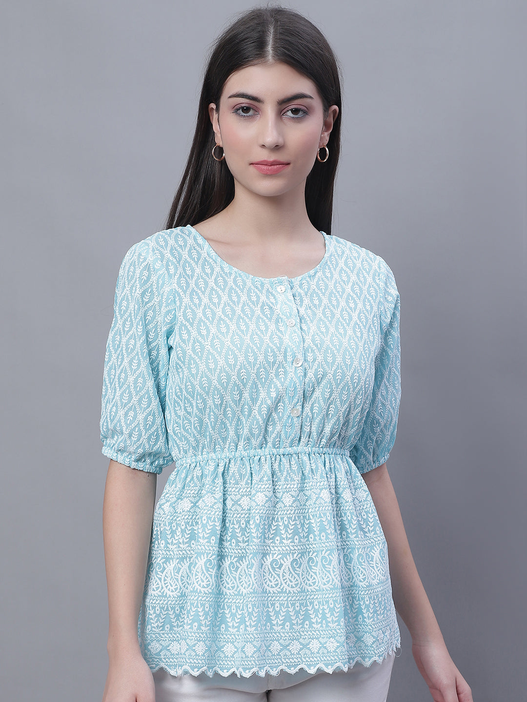 Jainish Women's WoChikankari Work Empire Top - Sky Blue | Grocsy