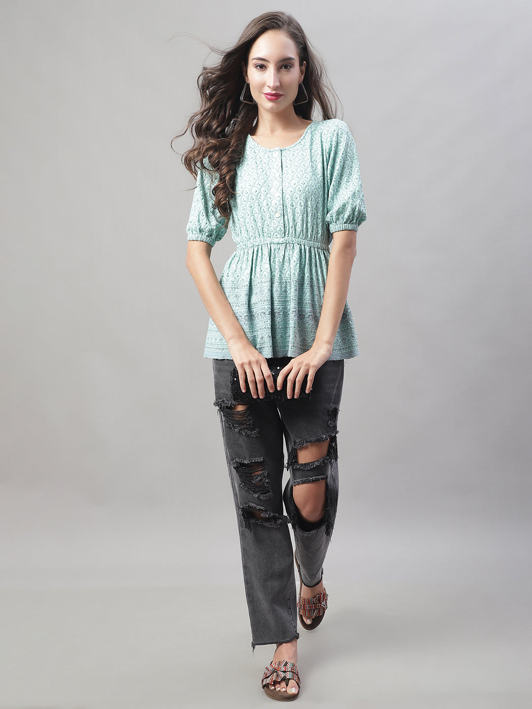 Jainish Women's WoChikankari Work Empire Top - Sky Blue | Grocsy