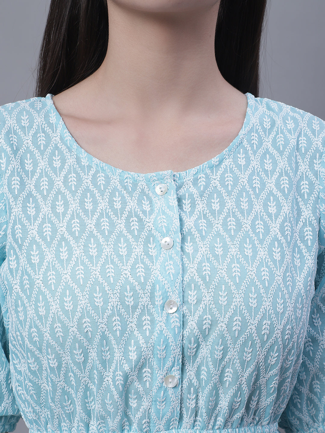 Jainish Women's WoChikankari Work Empire Top - Sky Blue | Grocsy
