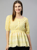 Jainish Women's Chikankari Work Empire Top - Yellow | Grocsy